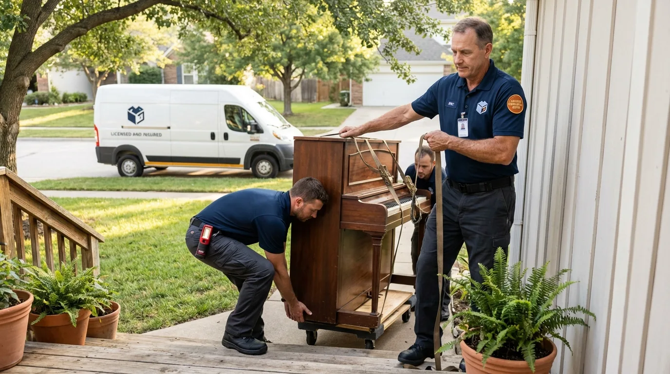 Licensed piano movers securing grand piano in Arcadia, FL